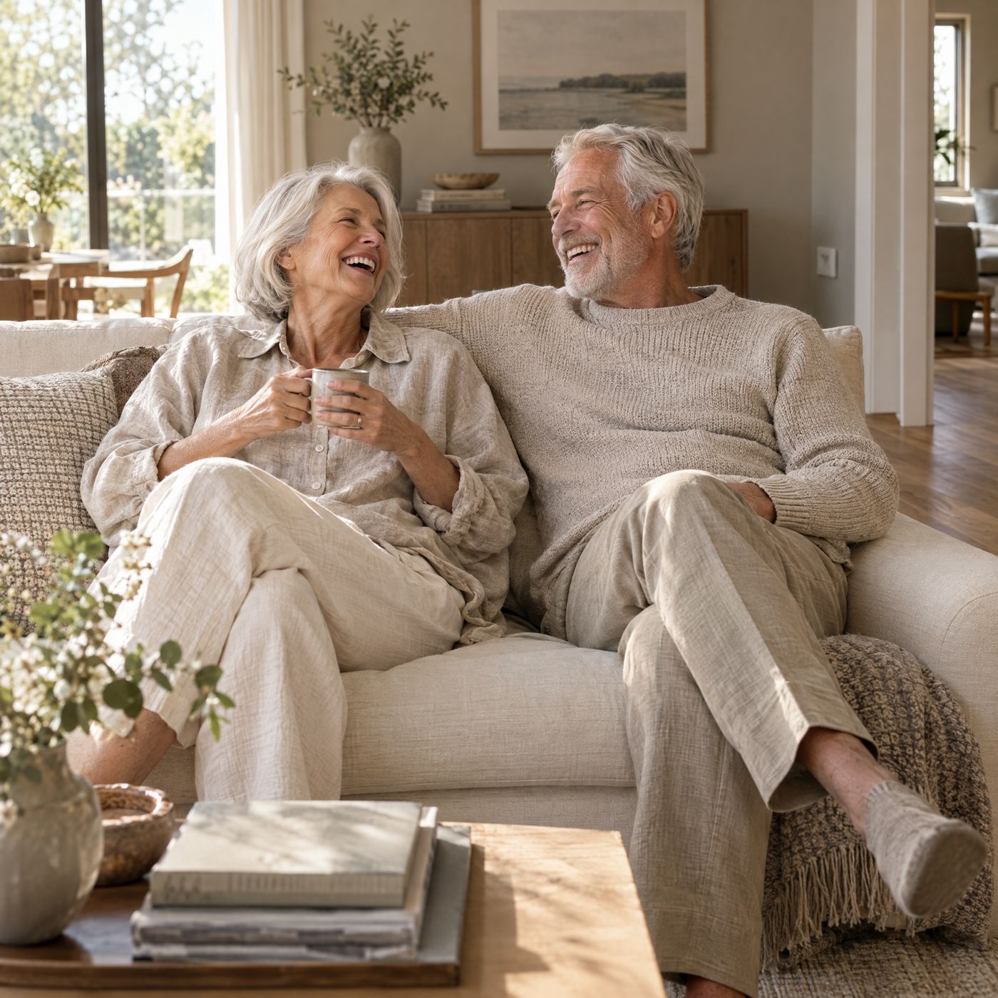 An older couple laughing together on a linen sofa in a sunlit living room.