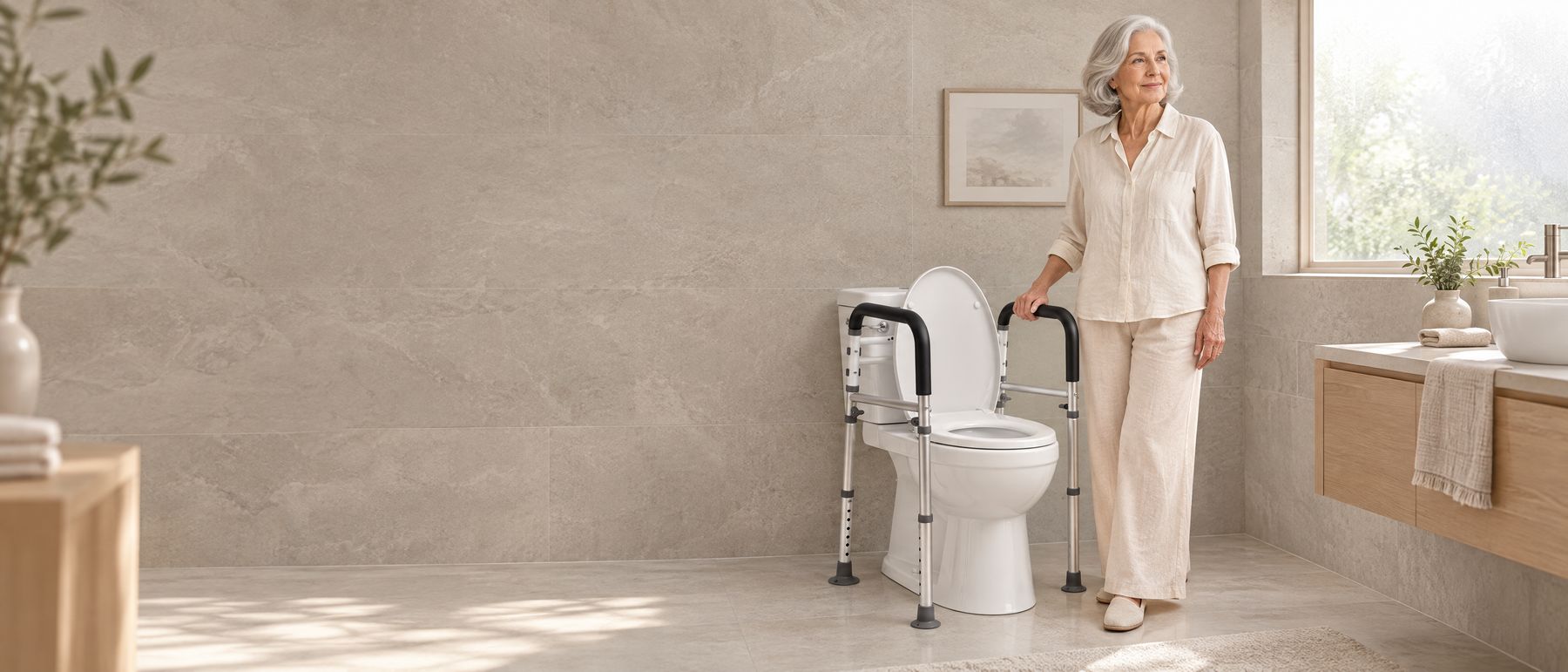 A woman with silver hair stands in a bright stone bathroom, one hand resting on the padded arm of an Abrielder toilet safety rail.