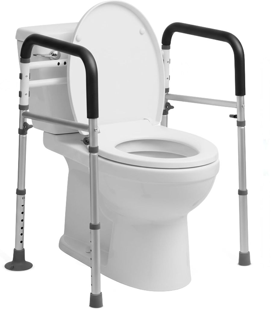 The Abrielder toilet safety rail: a light aluminum frame with black padded armrests, standing around a white toilet.